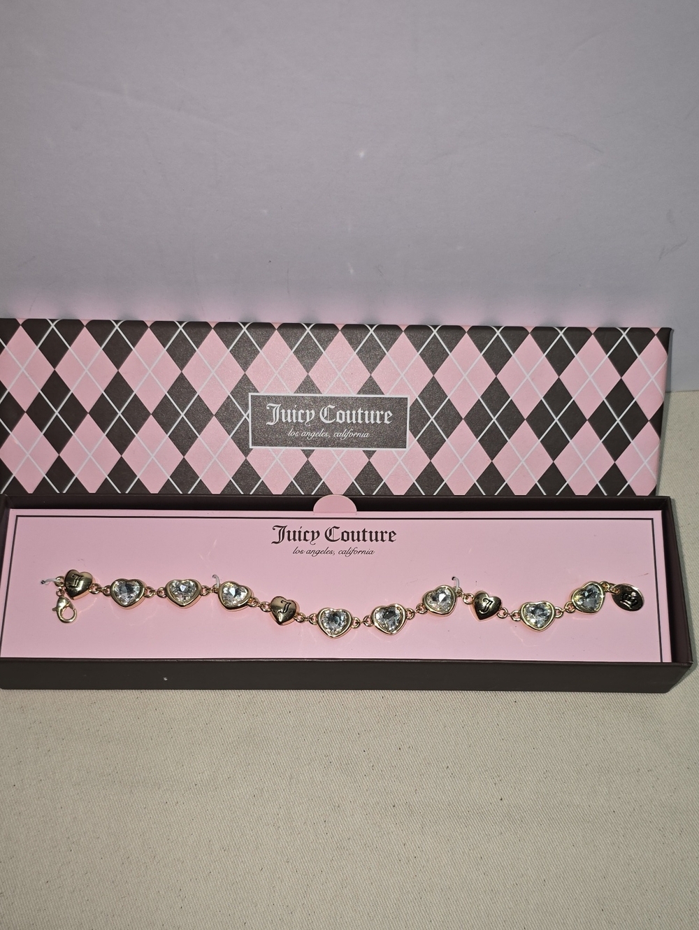 Juicy Couture Pink and Gold Heart Crystal Link Bracelet